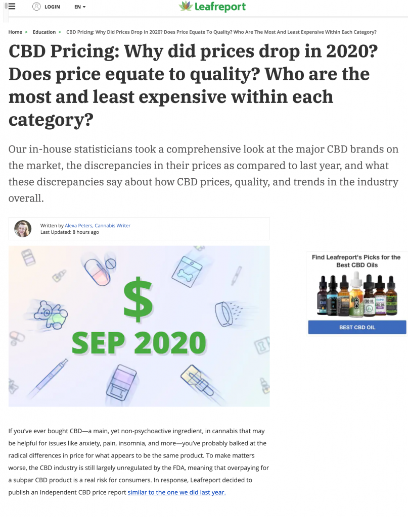 Leafreport, a CBD information site, asked me to clearly explain the data their in-house researchers collected on CBD prices in 2020.